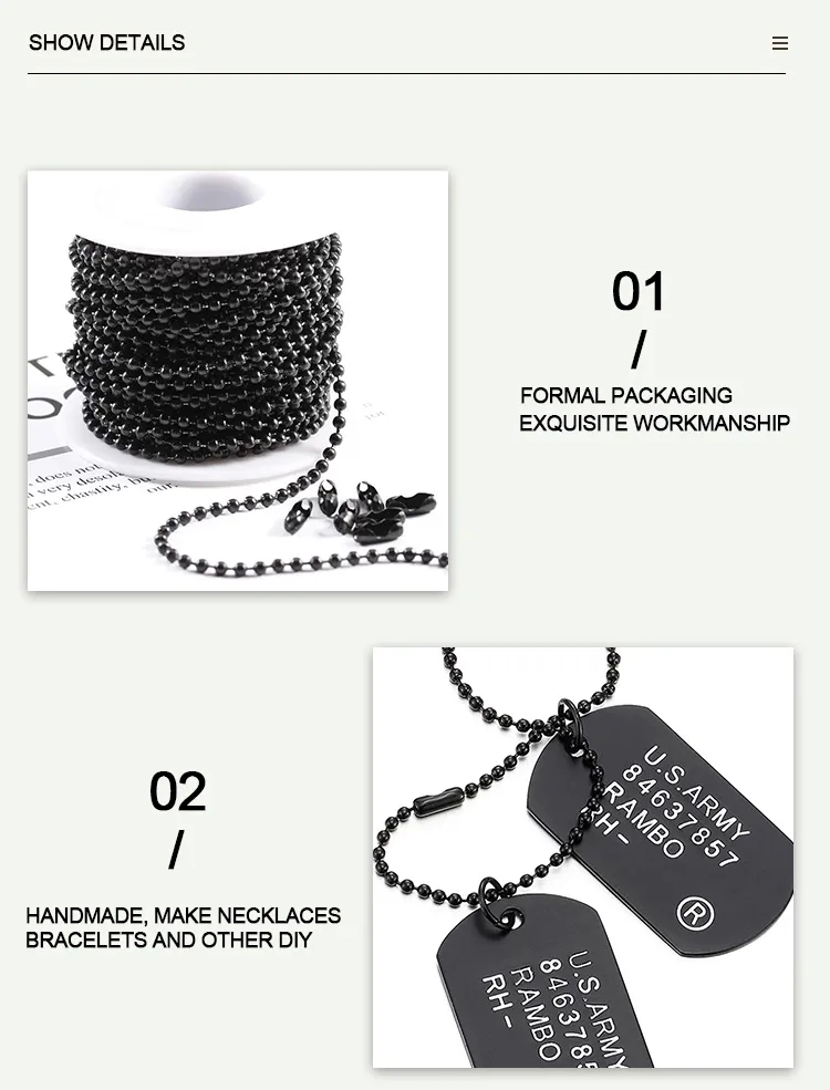 Funzione Catena a rulli In acciaio inossidabile Pre-Cut 2.4mm Catena a sfera per Dogtag Dimensioni personalizzate A prova di ruggine 1